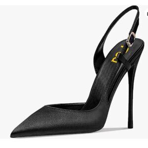 FSJ Black Pointed Toe D'Orsay High Heel Slingback Sandals Cutout Strappy Pumps
